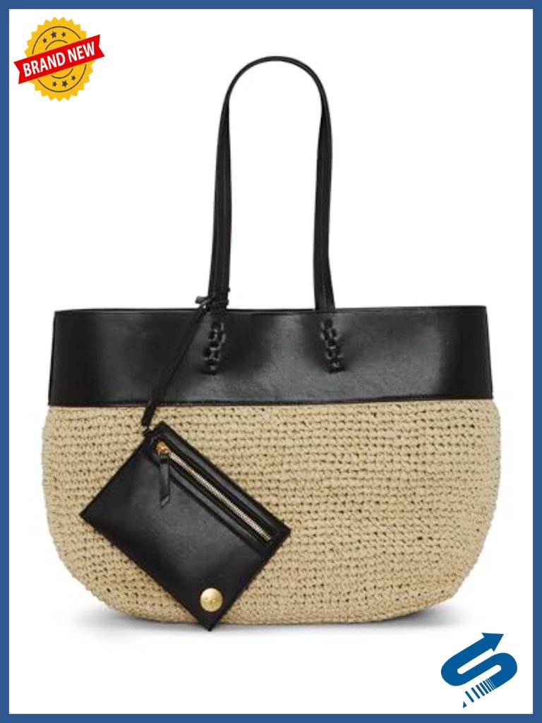 Raffia Tote Bag With Snap Closure, Double Handles, Shoulder Strap